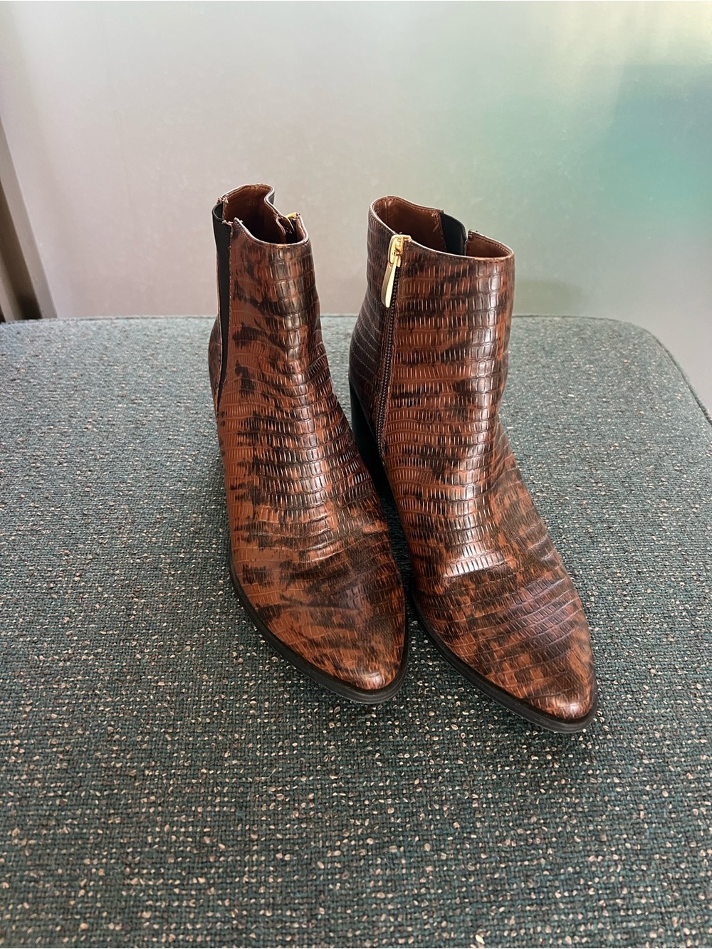 Franco Sarto Brown Croc-Embossed Pointed Ankle Boots